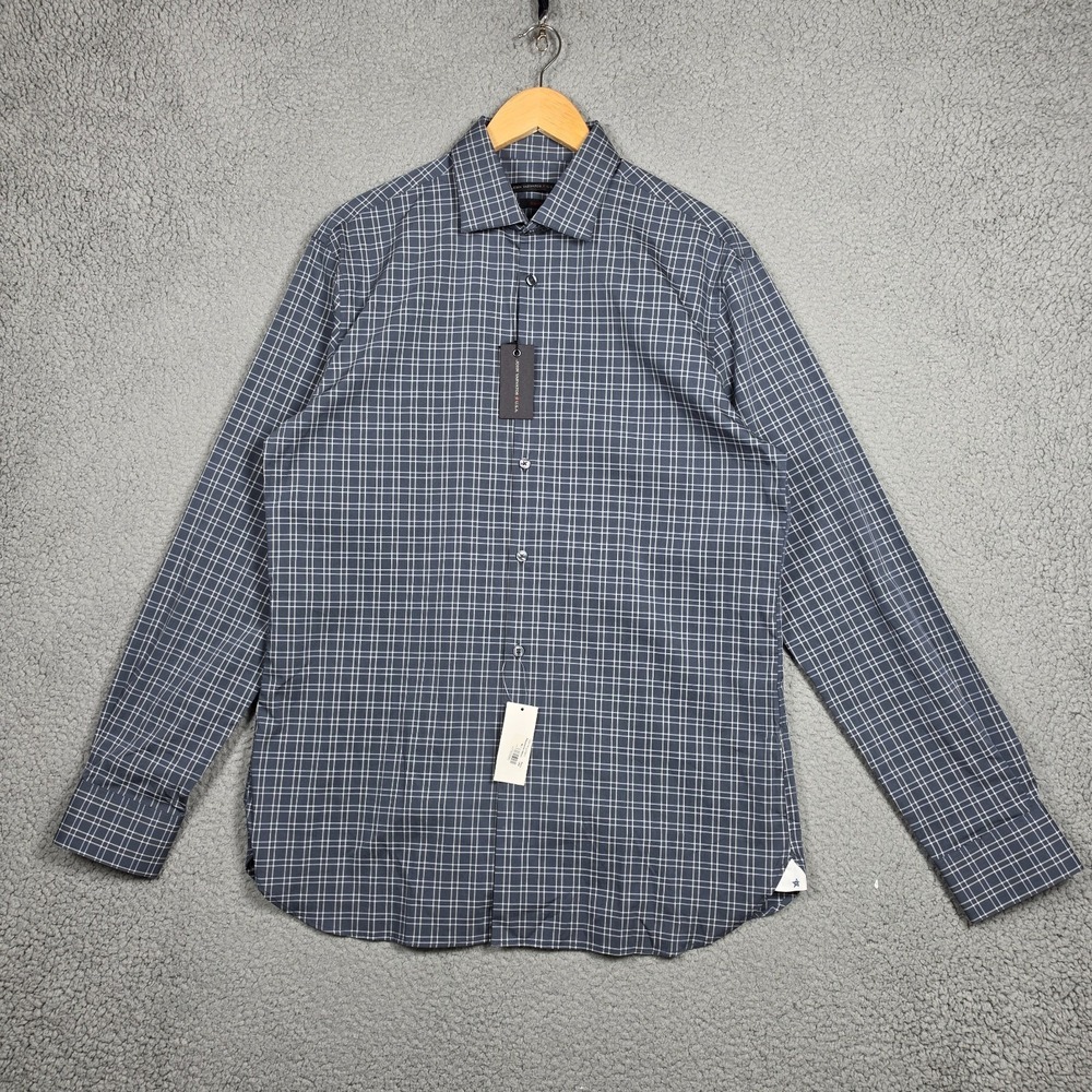 John Varvatos Dress Shirt Mens Size 16 34/35 Thunder Grey Plaid Slim Fit Stretch